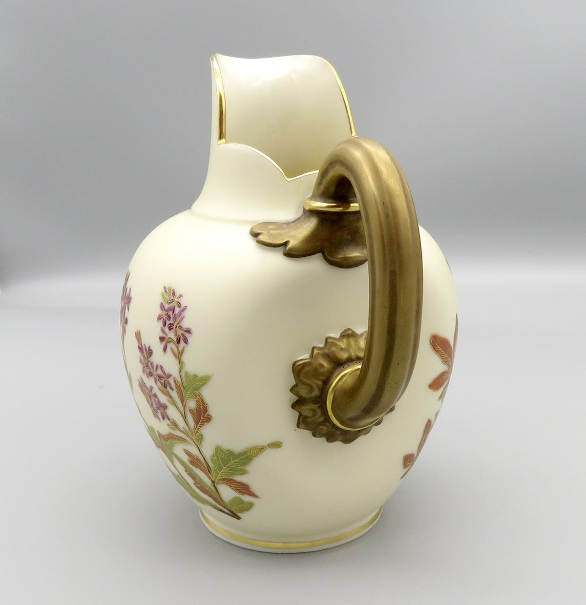 Antique 1886 Royal Worcester English Ivory Porcelain Floral Pitcher Jug 6 1/4"