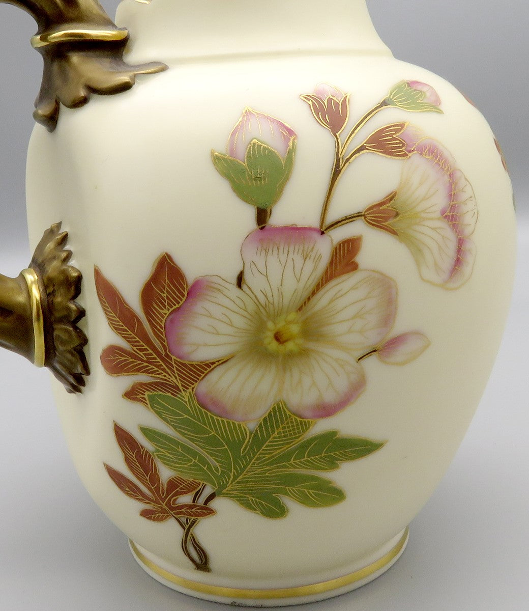 Antique 1886 Royal Worcester English Ivory Porcelain Floral Pitcher Jug 6 1/4"