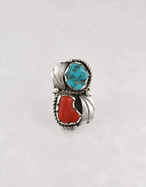 Southwestern Sterling Silver Coral Turquoise Ring Size 8.5