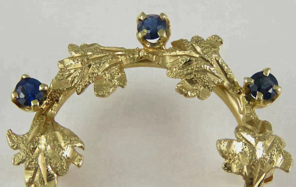 Very Attractive 14K Yellow Gold & Natural Sapphire Leaf Circle Pin