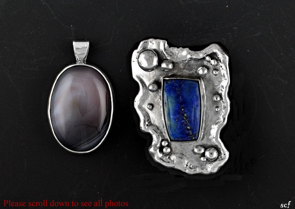 2 Sterling Silver Lapis Lazuli and Agate Pendants Bezel Set Stones Handmade