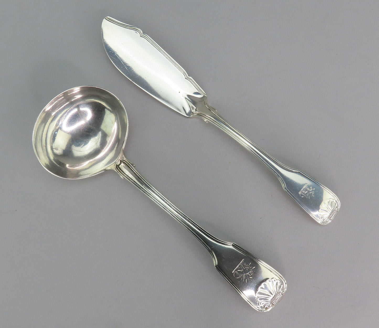 1820 English Georgian Sterling Silver 61pc Fiddle Thread Shell Flatware Set