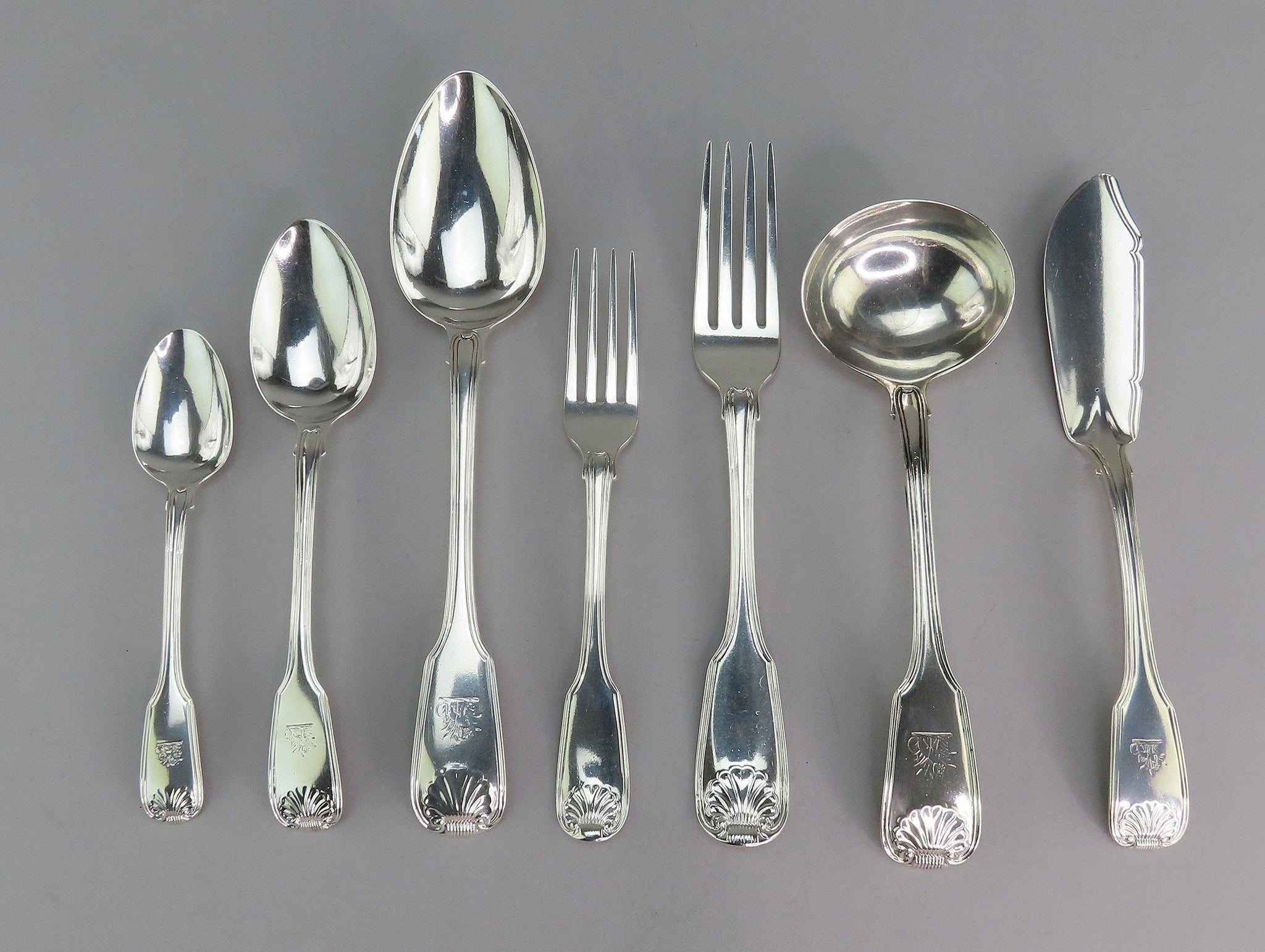 1820 English Georgian Sterling Silver 61pc Fiddle Thread Shell Flatware Set