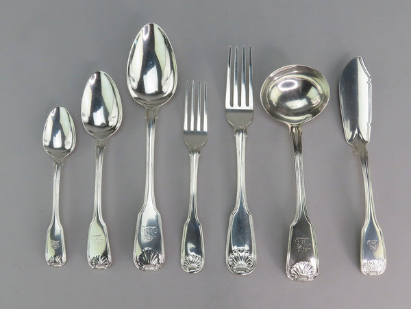 1820 English Georgian Sterling Silver 61pc Fiddle Thread Shell Flatware Set