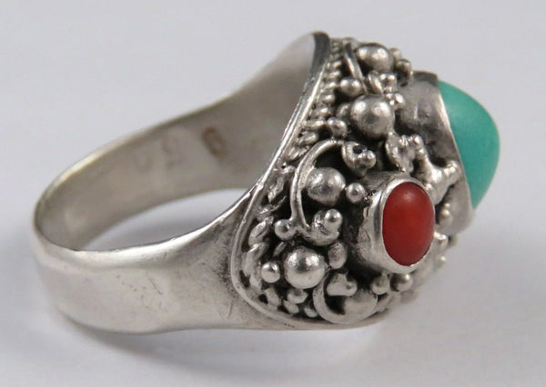 Neat Bali Silver Coral & Turquoise Stone Statement Dome Ring