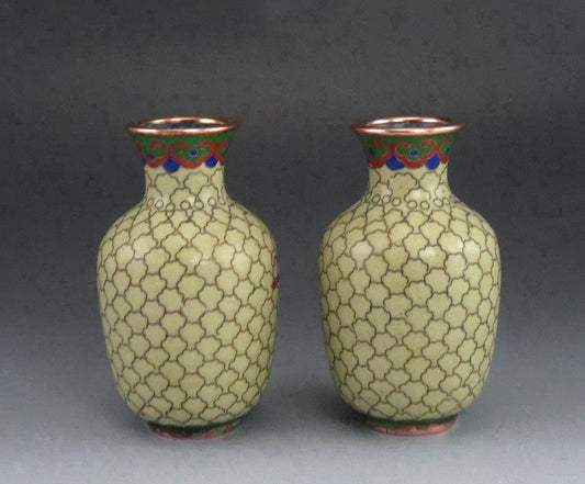 Pair Vintage Chinese Copper Cloisonné Enamel Cherry Blossom Bud Vases
