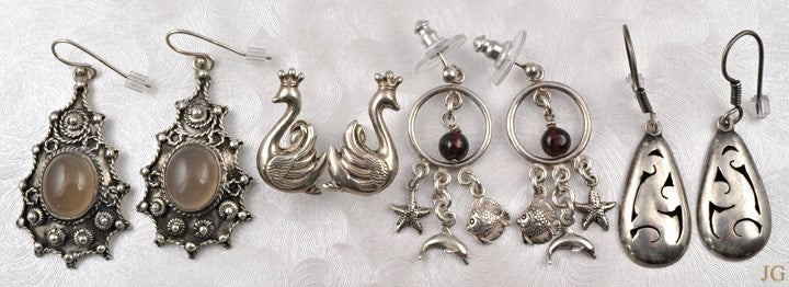 4 Pairs of Earrings Mexican Sterling Swans Dangle Fish