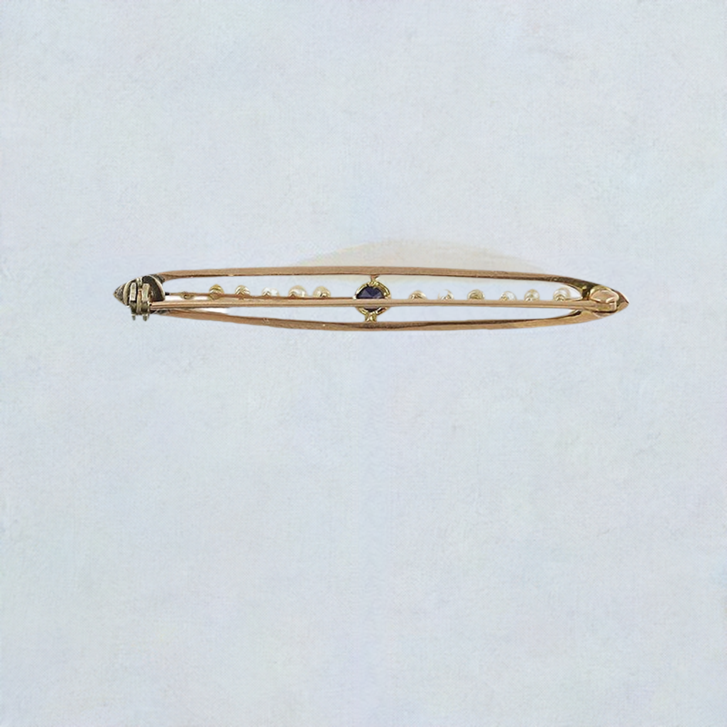 Vintage American 10k Yellow Gold Pearl Sapphire Bar Pin