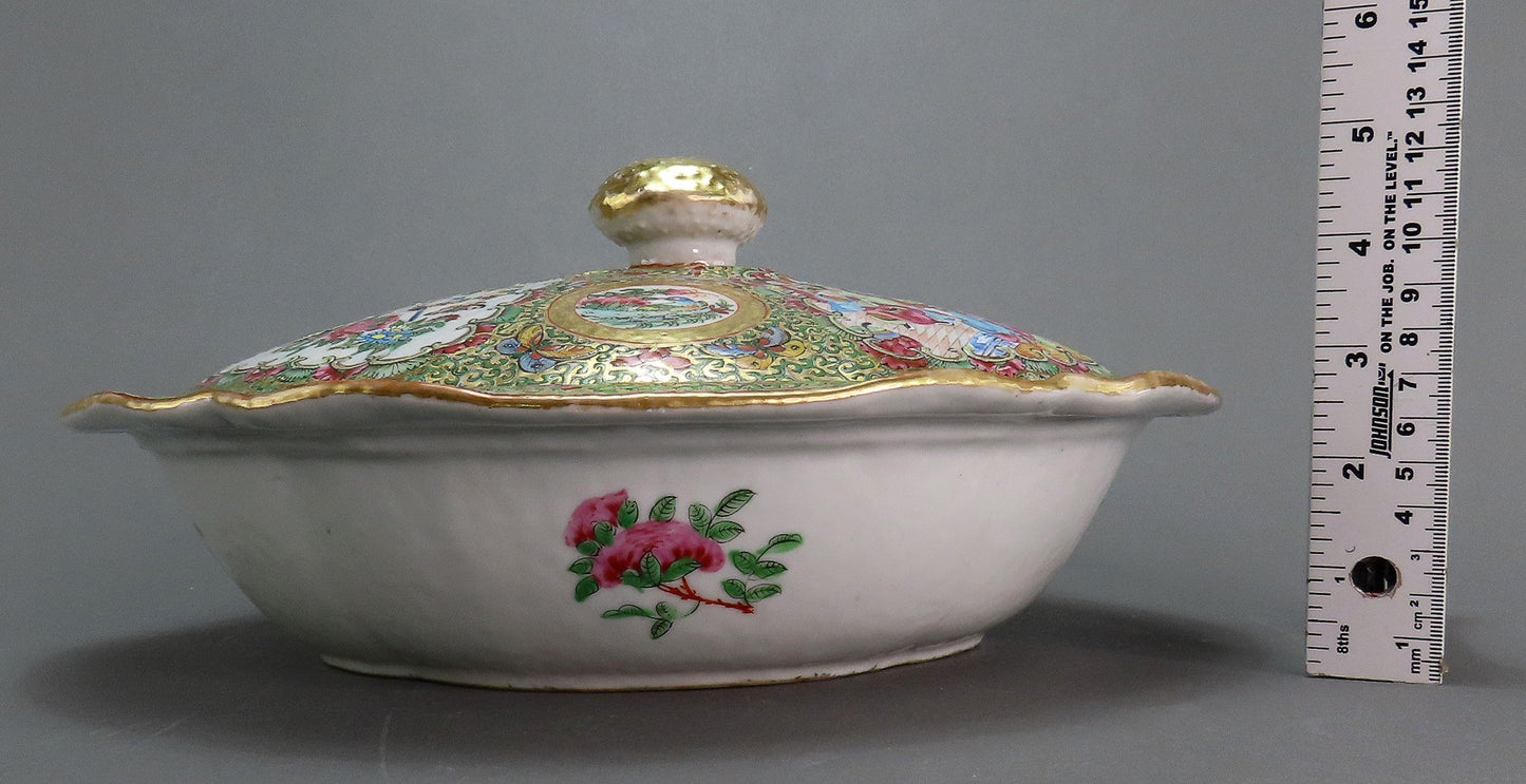 C1860s Chinese Export Porcelain Famille Rose Medallion Gilded Covered Dish