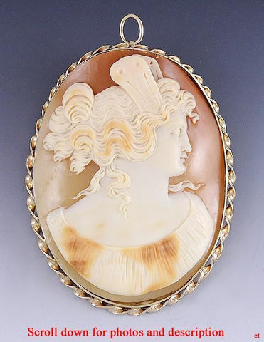 Fine Large Carved Cameo 14k Gold Rope Setting Pendant Pin Brooch