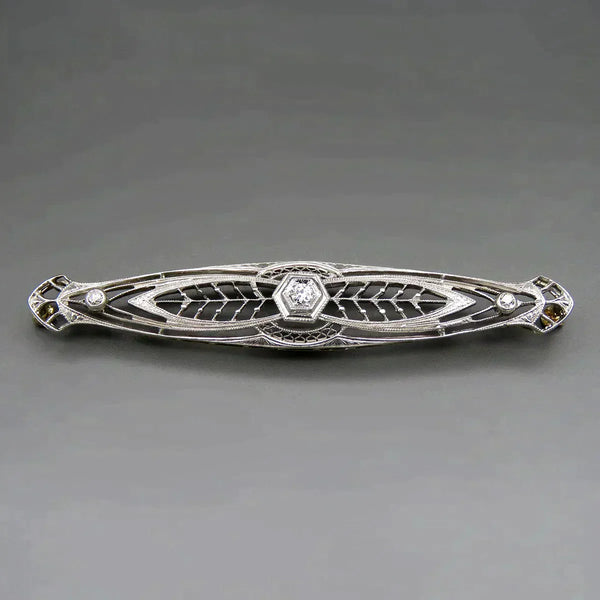 Antique c1915 14K Gold Platinum Top 3 Diamond Filigree Bar Pin