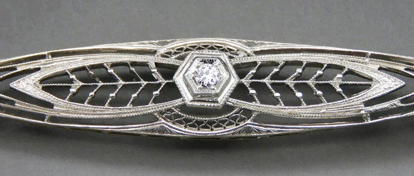 Antique c1915 14K Gold Platinum Top 3 Diamond Filigree Bar Pin