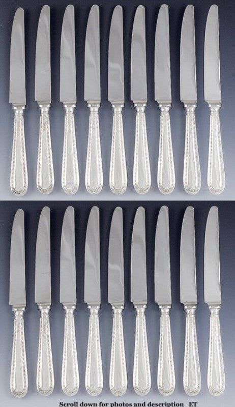 18 English Sterling Silver Georgian Style Beaded Edge Heavy Dinner Knives 9 3/4"