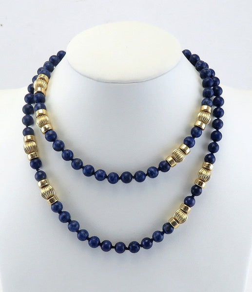 Long 14K Yellow Gold & Sodalite Stone Bead Strand Necklace