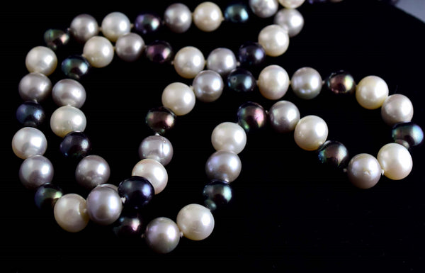 Wonderful Modern 32” Cultured White Black & Gray Pearl Necklace 14K Gold Clasp