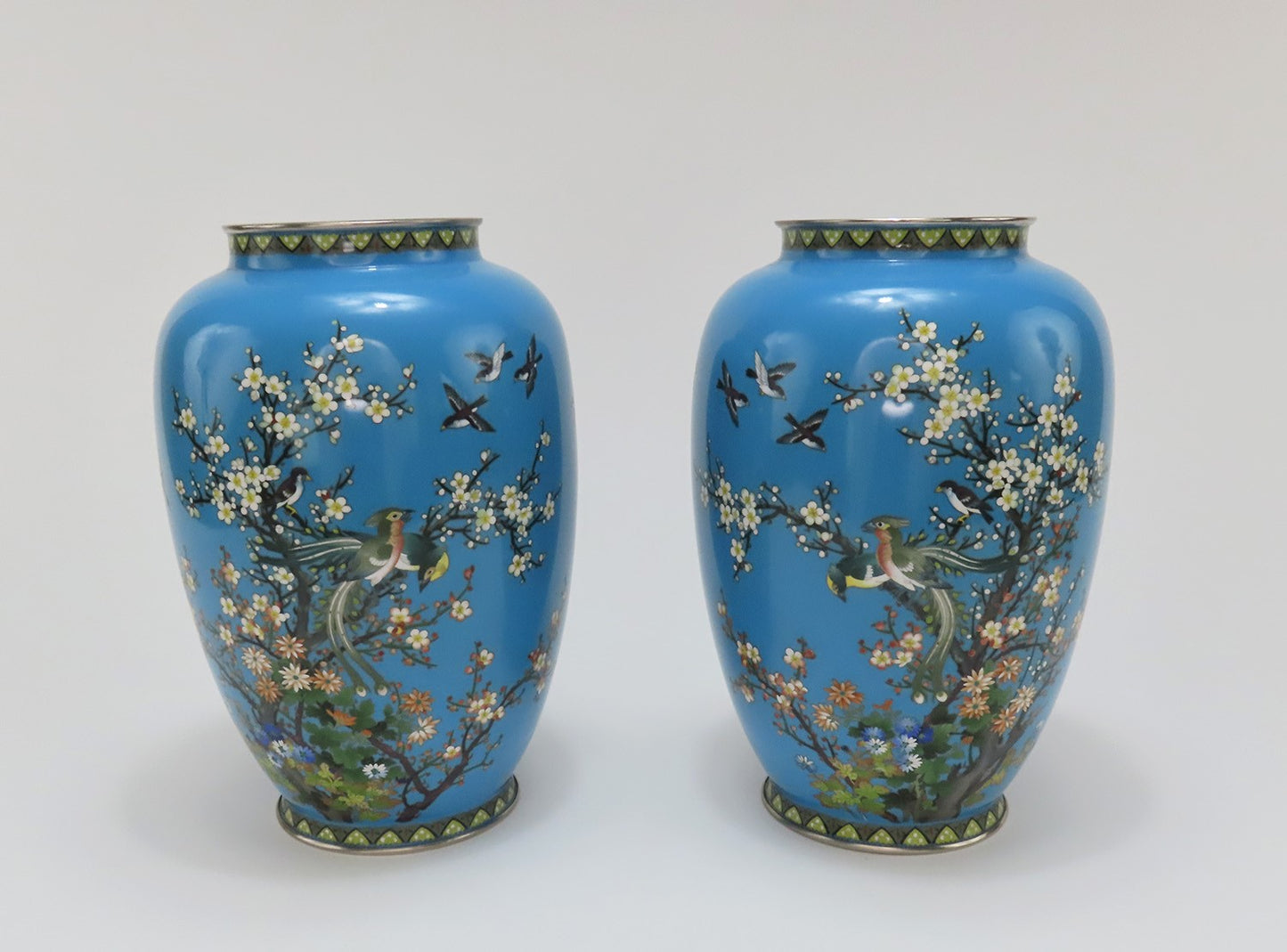 Lovely Pair Japanese Meiji Blue Cloisonne Phoenix Magpie Birds Prunus Tree Vases