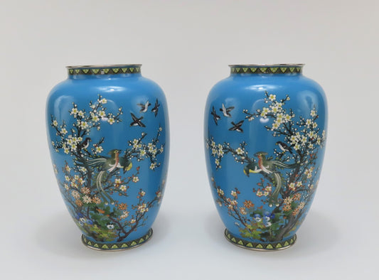 Lovely Pair Japanese Meiji Blue Cloisonne Phoenix Magpie Birds Prunus Tree Vases