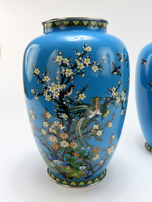 Lovely Pair Japanese Meiji Blue Cloisonne Phoenix Magpie Birds Prunus Tree Vases