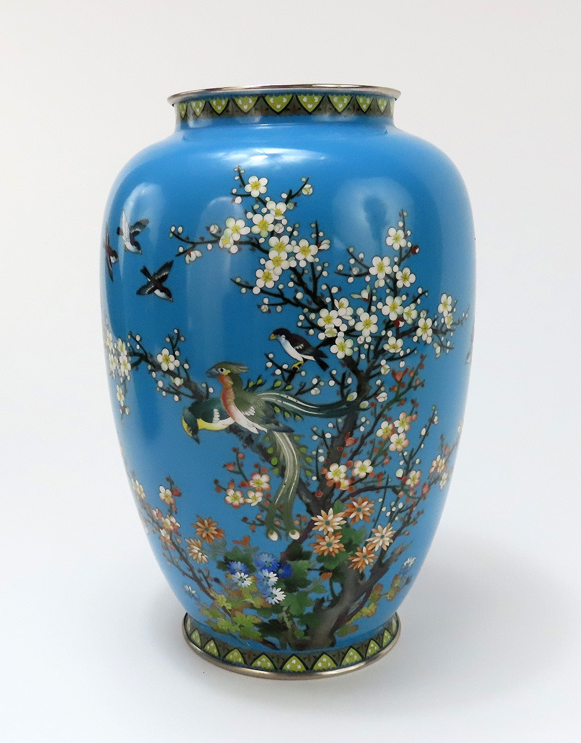 Lovely Pair Japanese Meiji Blue Cloisonne Phoenix Magpie Birds Prunus Tree Vases