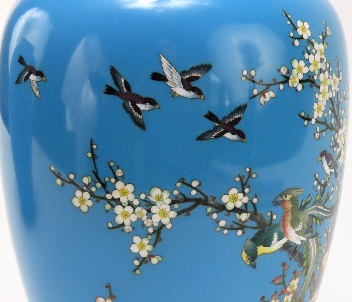 Lovely Pair Japanese Meiji Blue Cloisonne Phoenix Magpie Birds Prunus Tree Vases