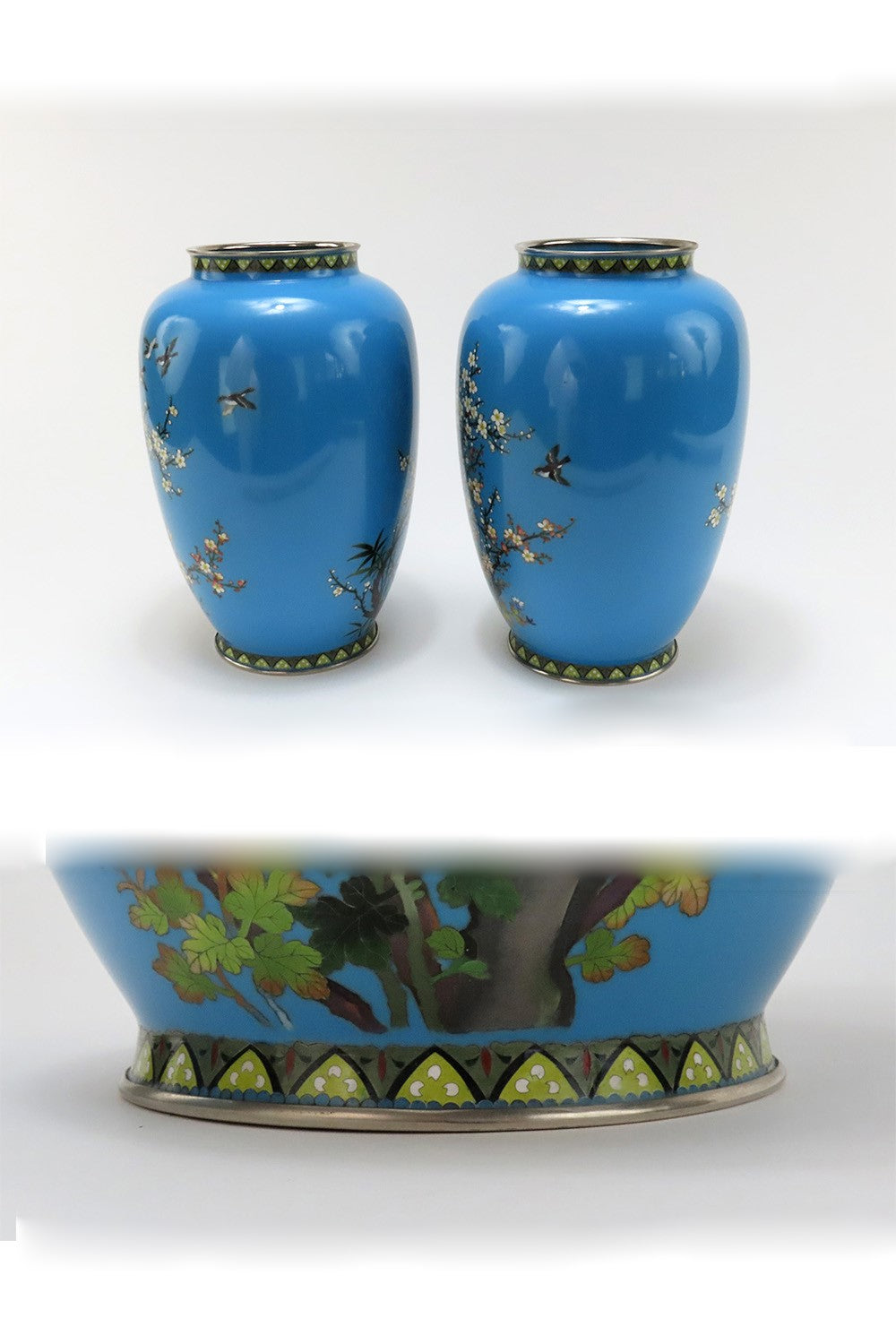 Lovely Pair Japanese Meiji Blue Cloisonne Phoenix Magpie Birds Prunus Tree Vases