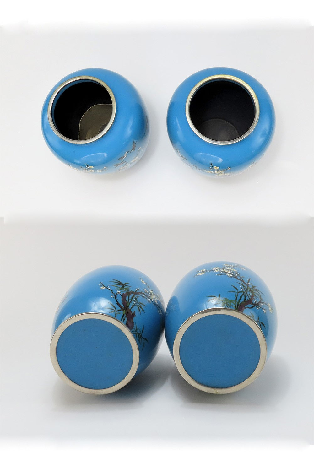 Lovely Pair Japanese Meiji Blue Cloisonne Phoenix Magpie Birds Prunus Tree Vases