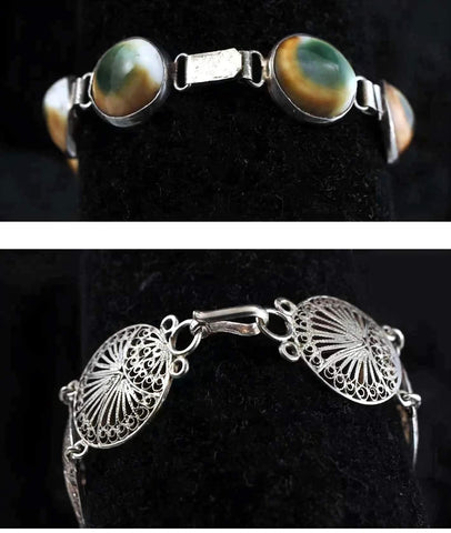 Pair Bracelets 800 Silver Filigree and Green Shell