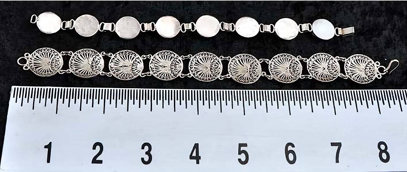 Pair Bracelets 800 Silver Filigree and Green Shell