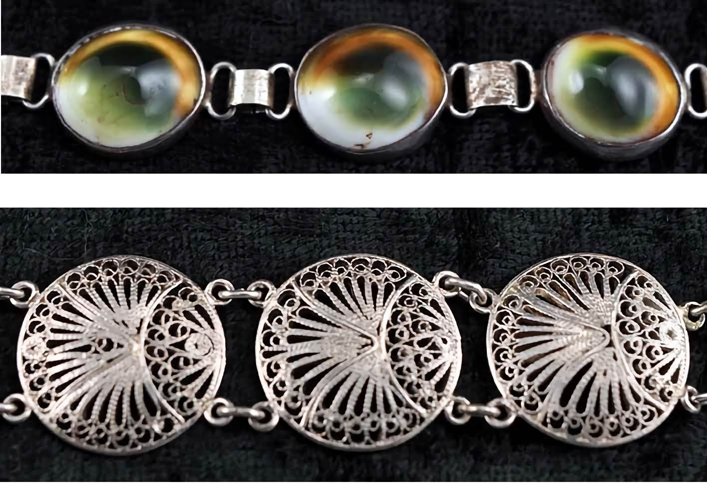 Pair Bracelets 800 Silver Filigree and Green Shell