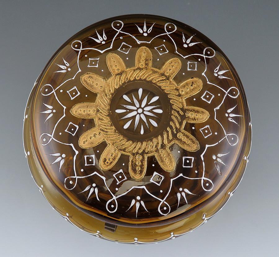 American Victorian Amber Glass Brass Impasto Enameled Dresser/Trinket/Vanity Box