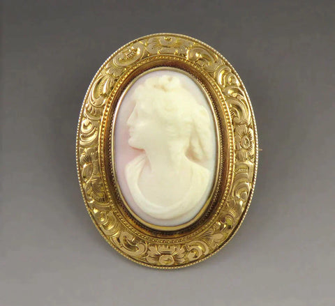 Antique 1914 American 14K Yellow Gold Natural Shell Cameo Pin/Brooch/Pendant