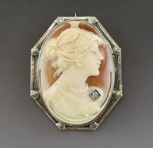 Antique c1910 14K White Gold Filigree Diamond Shell Cameo Pin/Brooch/Pendant