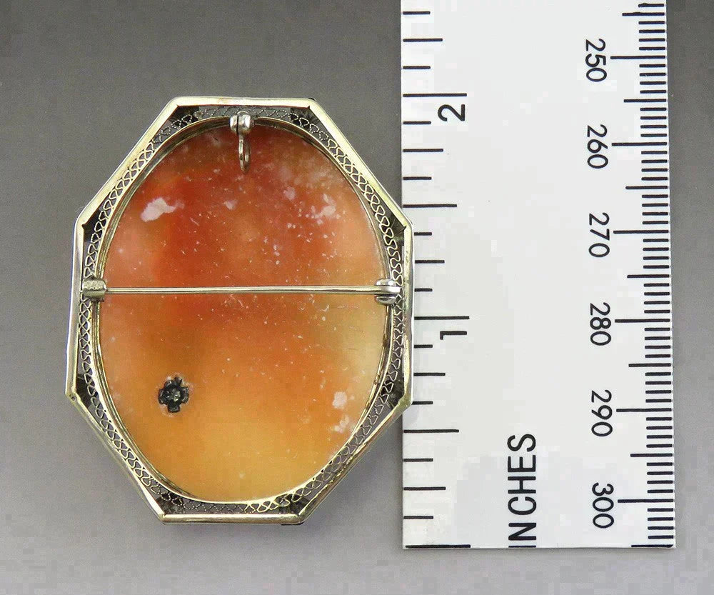 Antique c1910 14K White Gold Filigree Diamond Shell Cameo Pin/Brooch/Pendant