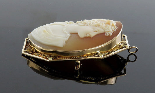 Antique 14K Gold & Hand Carved Natural Shell Nautical Cameo Pin/Brooch/Pendant