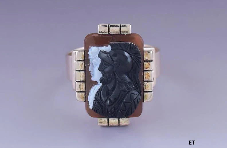 Exceptional Victorian 10k Yellow Gold Carved Three Color Greco-Roman Cameo Ring