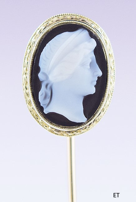 c1900-1925 Charming 14k Gold & Carved Hardstone Cameo Stickpin H. W. Wheeler