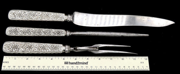 3pc Antique Tiffany & Co Aesthetic Movement Sterling Silver Huge Carving Set