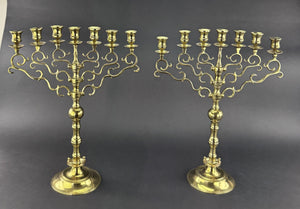 Huge Pair Brass 1800s Sabbath Candelabras 7 Lite