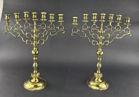 Huge Pair Brass 1800s Sabbath Candelabras 7 Lite