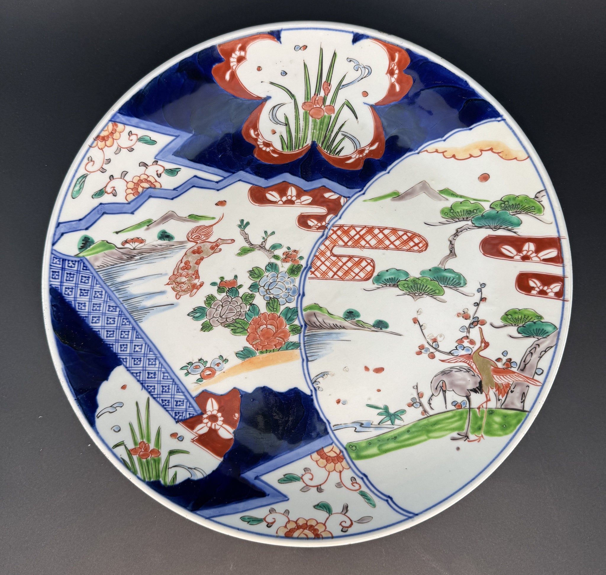 Antique Japan Imari 15.5" Round Platter Charger w Lion Crane Peonies Design