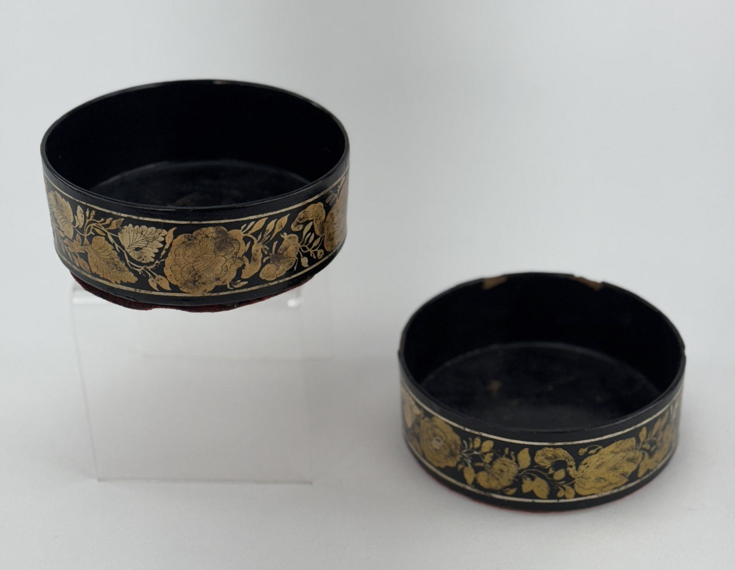 Rare Pair c1810-1825 English Regency Papier Mache Gold Wine Bottle Coasters