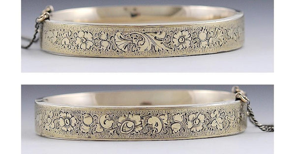 2 American Victorian 14k Gold Engraved Floral Bangle Bracelets