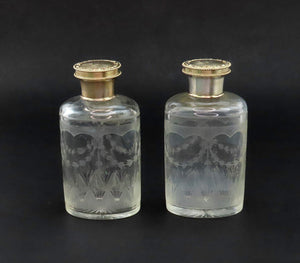 2 1926 English Sterling Silver Gilt Cut Frosted Glass Dresser Perfume Bottles