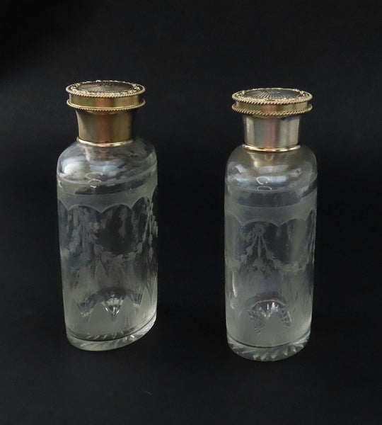 2 1926 English Sterling Silver Gilt Cut Frosted Glass Dresser Perfume Bottles