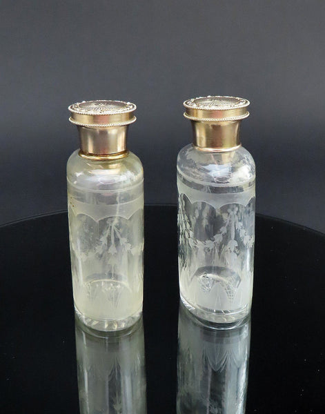 2 1926 English Sterling Silver Gilt Cut Frosted Glass Dresser Perfume Bottles