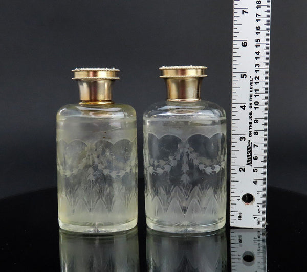 2 1926 English Sterling Silver Gilt Cut Frosted Glass Dresser Perfume Bottles