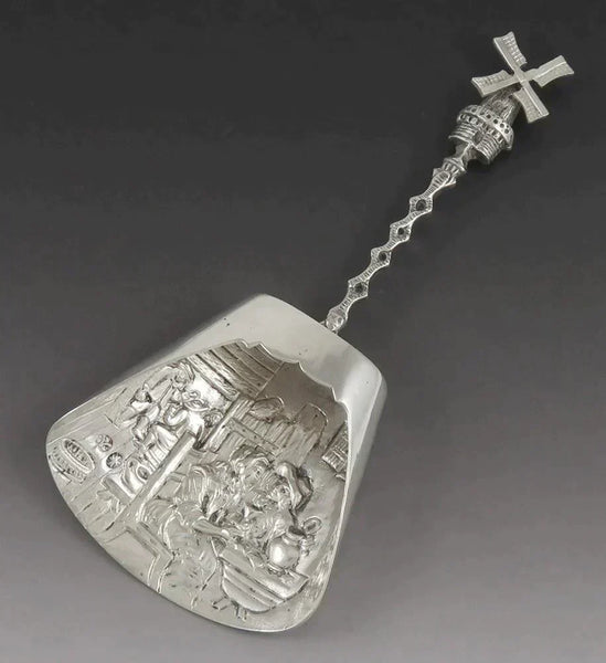 Antique Dutch Style Hanau German Silver Moveable Windmill Pub Scene Scoop Spoon