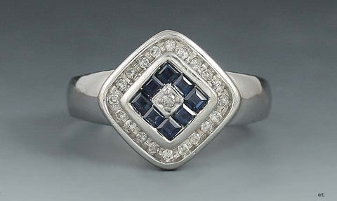 Striking Modern 14k White Gold Blue Sapphire & Diamond Ring Size 7