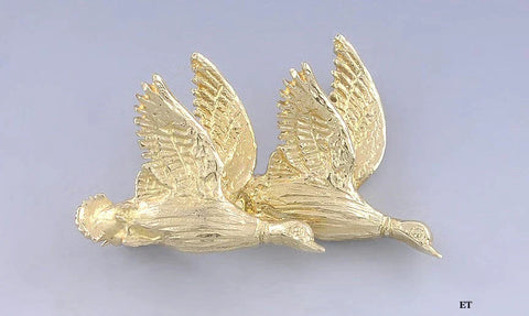 14k Yellow Gold Pin Brooch Of Two Ducks In Flight