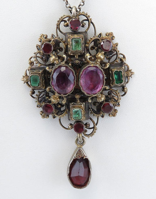 c1880s Austro Hungarian Gilt Silver Amethyst Garnet Filigree Pendant Necklace